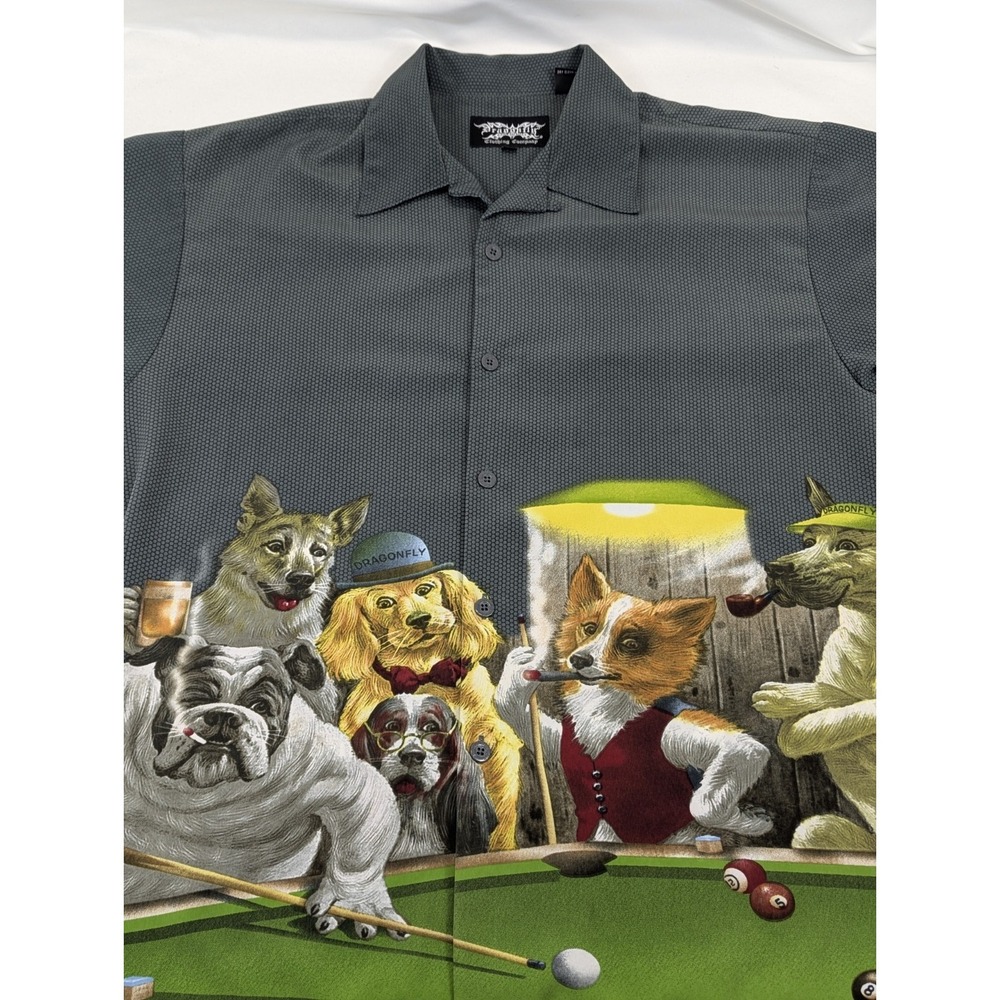 Dragonfly Dogs Playing Pool AOP Button Down Mens LG  Shirt Vintage Camp